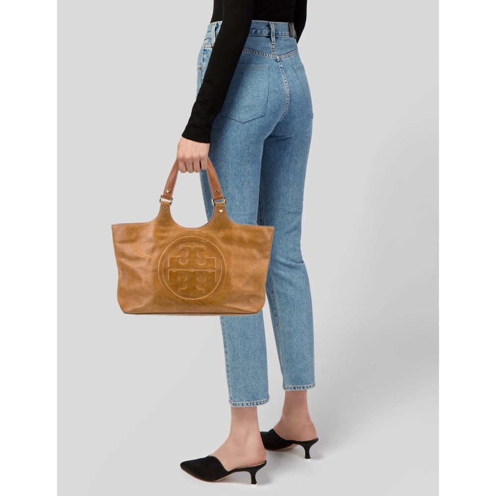 Tory Burch Bombe Tan Glazed Leather Handbag Zip Top Tote - Picture 6 of 9